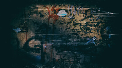 Naklejka na ściany i meble Wall damaged by paints and remnants of the glued paper. Background for design. Web banner.