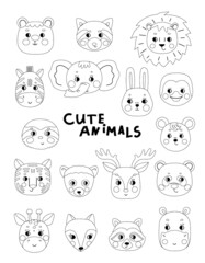 A set of animal heads in a childish cartoon style. Icons, simple outlines for decor, clip art, logo. Cute Fox, giraffe, elephant, lion, panda. Silhouette, sketch vector illustration