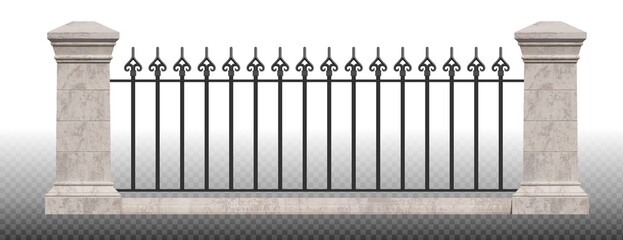 Classic Iron Fence With Stone Pillars. Ancient Wrought Iron Fence. Medieval Fence. Urban Design. Vintage Decor. Luxury Modern Architecture. Castle. City. Street. Park. Blacksmithing. Isolated. Vector.