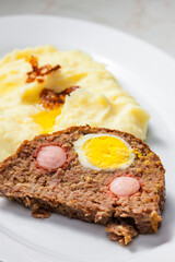 meat loaf filled with egg and sausage served with mashed potatoes and fried onion