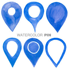 Watercolor illustration of blue color location pin set for navigation maps