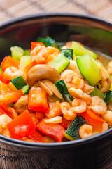 cooked vegetables salad with shrimps and cashew nuts