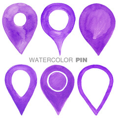 Watercolor illustration of purple color location pin set for navigation maps