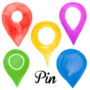 Watercolor illustration of color location pin set for maps isolated 