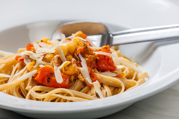 pasta tagliatelle with tomato sauce and chickpeas
