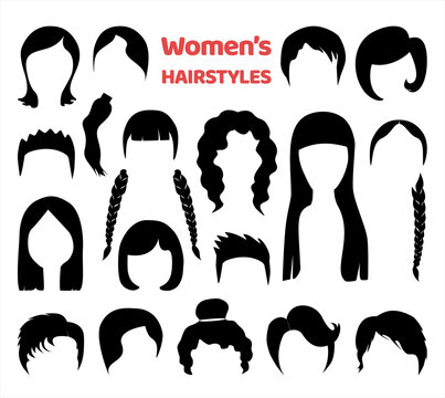 Set of fashionable haircuts and hairstyles for womens or girls. Modern black hair silhouettes. Jpeg isolated on white background.