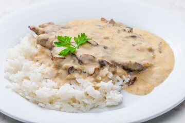 creamy mushroom sauce with beef meat