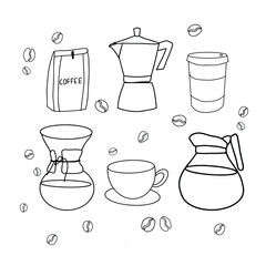  Hand drawn vector stuff for coffee. Cup, illustration cafe, menu, set, restaurant, breakfast, teapots. Coffee pot. Morning.