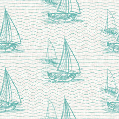 Aegean teal sailboat linen nautical seamless background with wave texture. Summer coastal living style home decor. Marine sailing yacht regatta style. Turquoise blue dyed washed textile pattern.