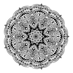 Mandala circular symmetric pattern. Oriental motif. floral decorative round ornament in black outline. Vector illustration isolated on white background. Arabic, Indian print. yoga symbol