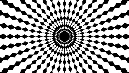 Abstract 3D geometrical background. Black and white striped pattern with optical illusion.   Vector illustration kaleidoscope. Circus background, abstract pattern with banner element for show, fair.