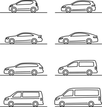 Set of simple thin line cartoon vehicles icons viewed from the side. The set includes small, medium and large cars, including vans.