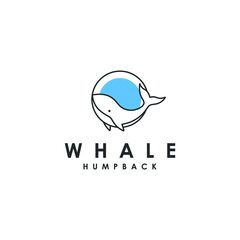 circle whale humpback logo vector illustration design, cute whale fish line art logo design