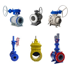 six valves of various designs with automatic and manual control for a gas pipeline on a white background - 457005905