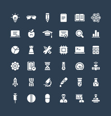 Vector flat icons set and graphic design elements. Illustration with science and laboratory research solid symbols. Idea bulb, dna code, medical development, conference, atom glyph pictogram