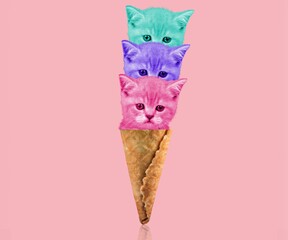 Contemporary art collage, modern design. Ice cream filled with cute kittens