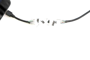 Gnaw or cut out Damaged peripheral wire cable ,trouble connection transfer on mobile device. Concept broken or lack of electric power supply. Isolate on white - obrazy, fototapety, plakaty