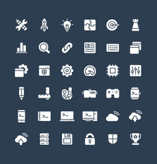 Vector flat icons set and graphic design elements. Illustration with digital development solid symbols. Startup, idea bulb, research, game, content, software, app programming glyph pictogram