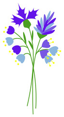 Bouquet of different flowers and leaves blue cartoon illustration