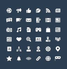 Vector flat icons set and graphic design elements. Social media, network solid symbols illustration. Like, video content, message, comment, subscribe, profile, views, followers glyph pictogram