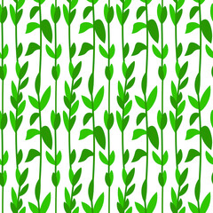 Plant green seamless pattern flat leaves on stem