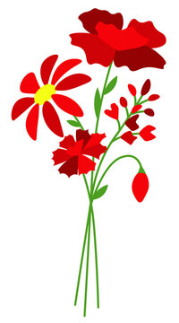 Bouquet of different flowers and leaves red cartoon illustration