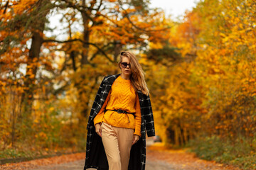 Fashion beauty Caucasian woman in stylish autumn clothes with vintage knitted sweater and black coat walks in park with amazing colorful trees and fall foliage.
