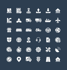 Vector flat icons set and graphic design elements. Illustration with Logistic, delivery business, distribution solid symbols. Service, export, shipping, transport glyph pictogram