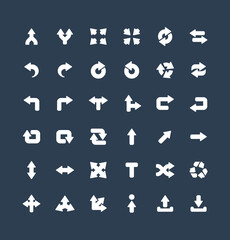 Vector flat icons set and graphic design elements. Illustration with arrows, direction and move solidflat symbols. Turn left, merge, switch, undo, transfer, synchronizing glyph pictogram