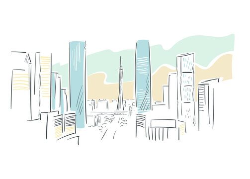 cityscape sketch, blue and yellow buildings clip art preview