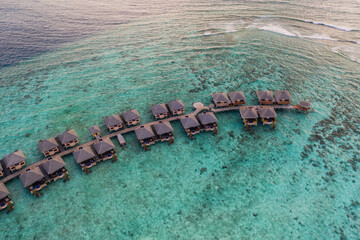 Luxury overwater villas from above. Aerial drone picture. Adaaran Prestige Vadoo hotel. July 2021