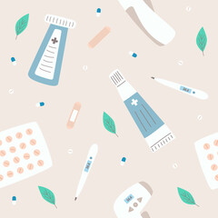 Seamless pattern with medicines and thermometers in flat style