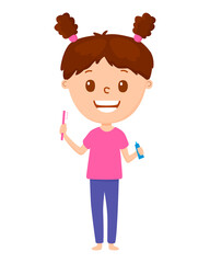 girl brushing her teeth with toothbrush. Cartoon style. Vector illustration