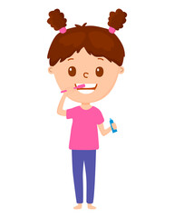 girl brushing her teeth with toothbrush. Cartoon style. Vector illustration