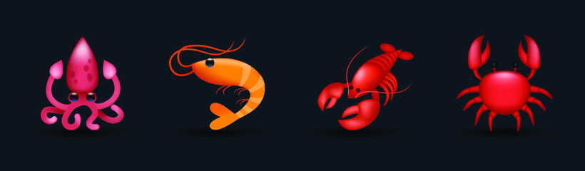 Sea, Ocean Animals Vector Illustration Emojis collection, Icons Set. Octopus, shrimp, scorpion, crab emoji set. Sea Mammals Collection. 3d illustration. © Turkan Jabbarli