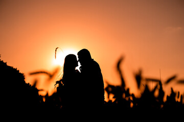 silhouette of a couple on a sunset background, a slender girl stands near a man, horizontal image.