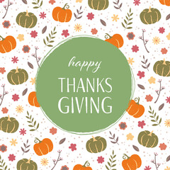 Thanksgiving　感謝祭　手描き　正方形　カード　カボチャ/  Hand-Drawn Thanksgiving Retro Square Greeting Card, Great for Wallpapers, Backgrounds, Invitations