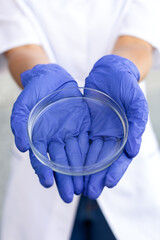 Medicine, chemistry, biology and scienсe concept - White female hands holding a Petri dish close-up in blue rubber gloves against the background of a girl in a white robe standing outside