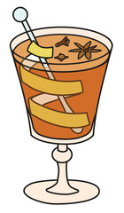 Hot grog cocktail. Stylish hand-drawn doodle cartoon style Christmas winter or autumn warm drink in a cope glass garnished with cloves and lemon zest twist - obrazy, fototapety, plakaty