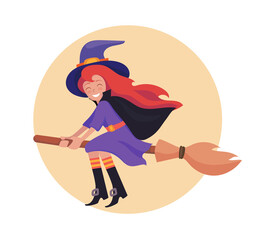 The witch flies on a broomstick. Cartoon funny witch wearing a hat and purple dress. Vector illustration.