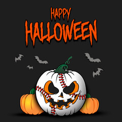Happy Halloween. Template baseball design. Baseball ball in the form of a pumpkin with pumpkins on an isolated background. Pattern for banner, poster, greeting card, invitation. Vector illustration - obrazy, fototapety, plakaty
