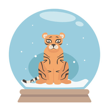Snow globe with tiger. Christmas decoration in cartoon style