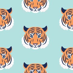 Fototapeta na wymiar Tiger head seamless trendy pattern. Background for year of the tiger 2022. 
