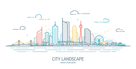 Futuristic cityscape thin line art illustration. Outline future city panorama. Abstract town landscape. Urban skyline with downtown skyscrapers, office buildings, park. Modern architectural exterior © Hilch