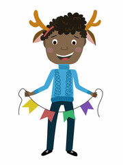 Cute illustration of a black teenager african boy. Children's holiday for New Year and Christmas. Boy decorates holiday flags. Cute black baby for new year