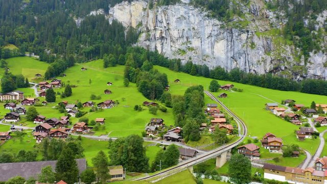 Aerial view of Lauterbrunnen is a village and a municipality in the Interlaken-Oberhasli administrative district in the canton of Bern in Switzerland. Is at the entrance of a spectacular valley