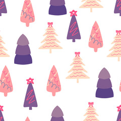 Seamless pattern with Christmas trees, modern flat design. A set of unusual colored Christmas trees. Pink, lilac, beige. For printed products - poster paper, fabric or for the web.