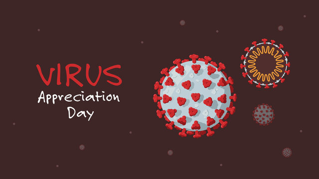Detailed flat vector illustration of several virus particles floating in the air with one showing it's genetic code. Virus appreciation day.