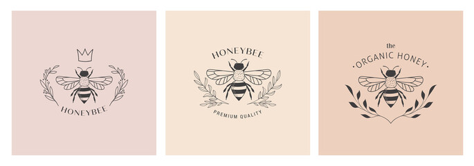 Collection of hand drawn bee, organic honey, logo, emblem, label and packaging design