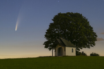 Comet C-2020 F3 Neowise over chapel with a tree in Moonlight